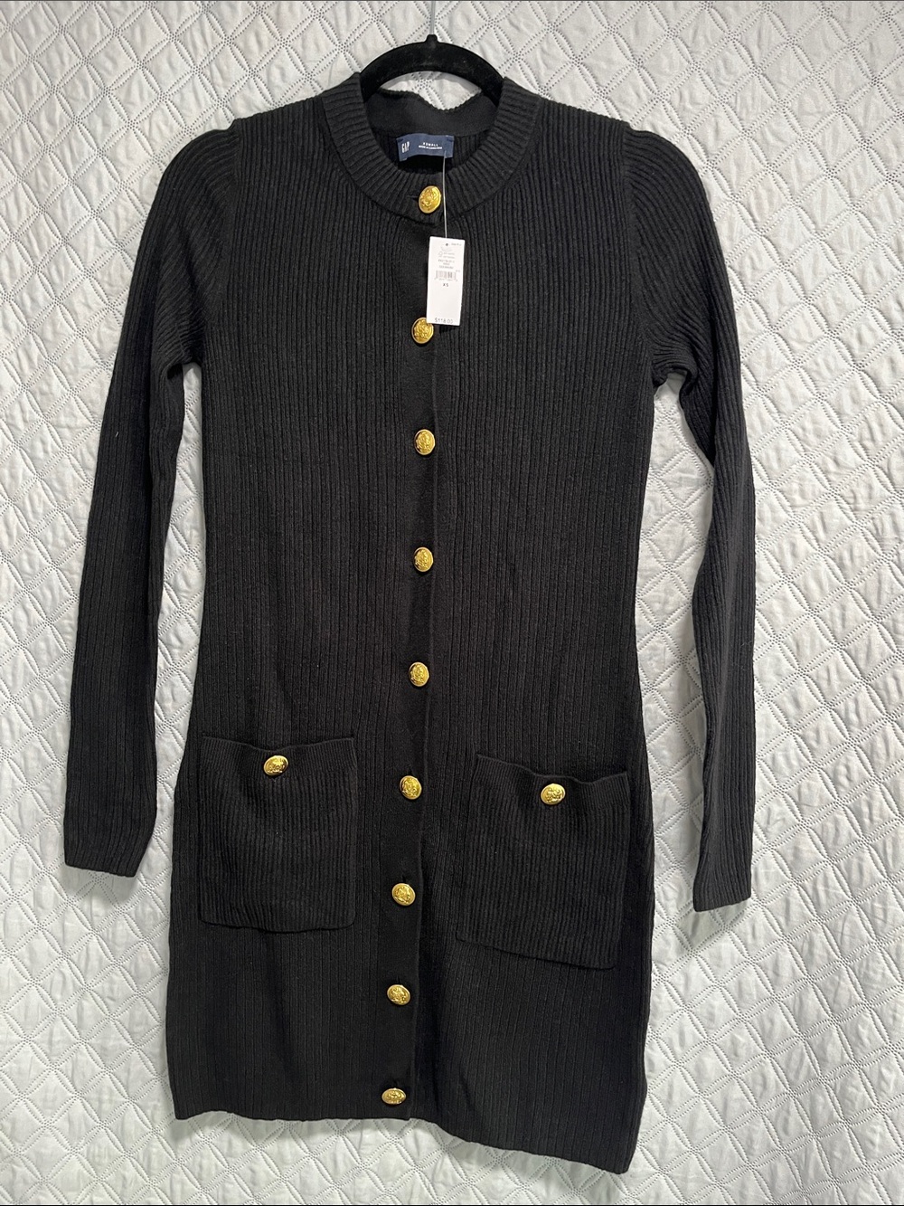 GAP Black Long Sleeve Ribbed Button-Front Cardigan Dress with Gold Buttons
